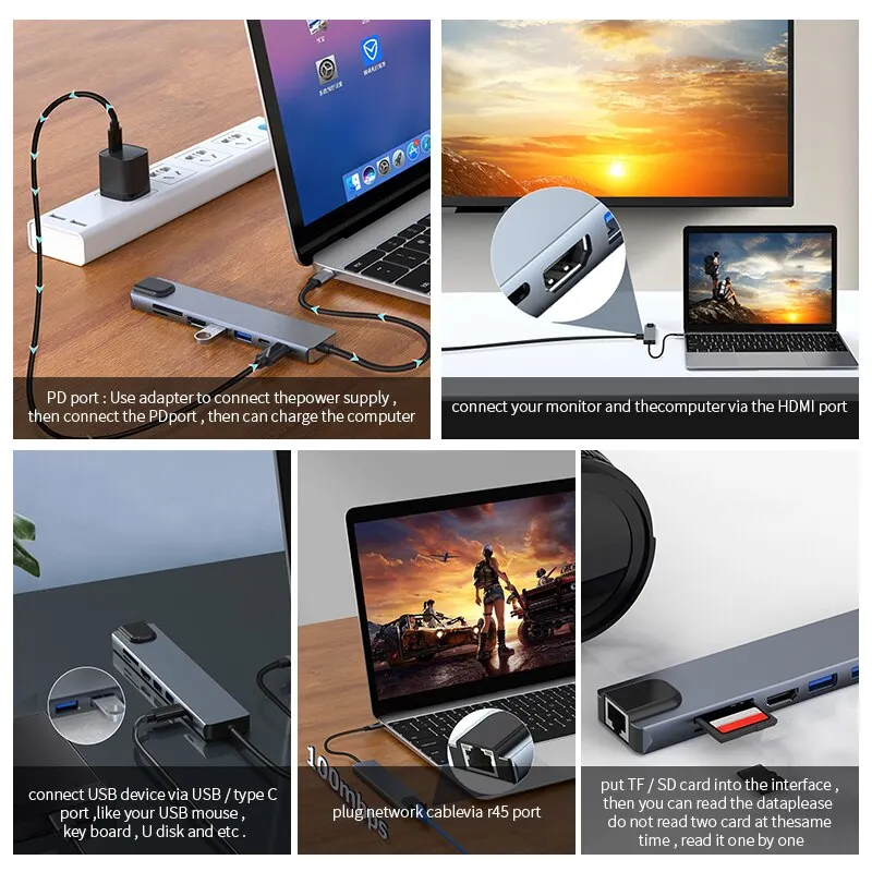 8-in-1 USB-C Hub – 4K HDMI, RJ45, SD/TF, PD Fast Charging for MacBook & Laptops