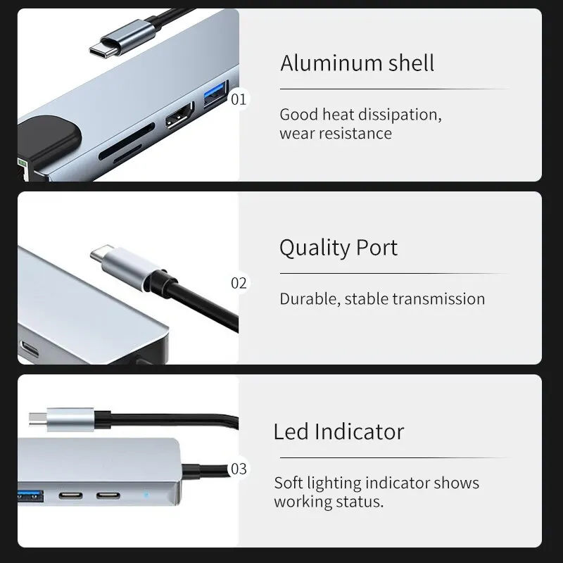 8-in-1 USB-C Hub – 4K HDMI, RJ45, SD/TF, PD Fast Charging for MacBook & Laptops