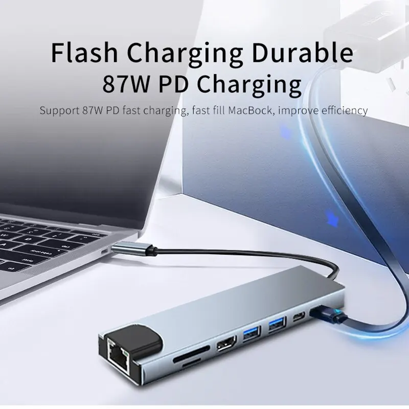 8-in-1 USB-C Hub – 4K HDMI, RJ45, SD/TF, PD Fast Charging for MacBook & Laptops