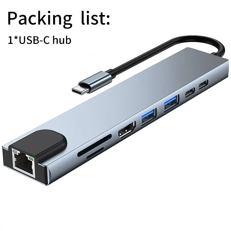 8-in-1 USB-C Hub – 4K HDMI, RJ45, SD/TF, PD Fast Charging for MacBook & Laptops