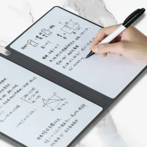 Person writing math equations on whiteboard folder.