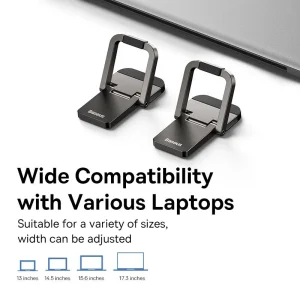 Adjustable laptop stand for multiple sizes.